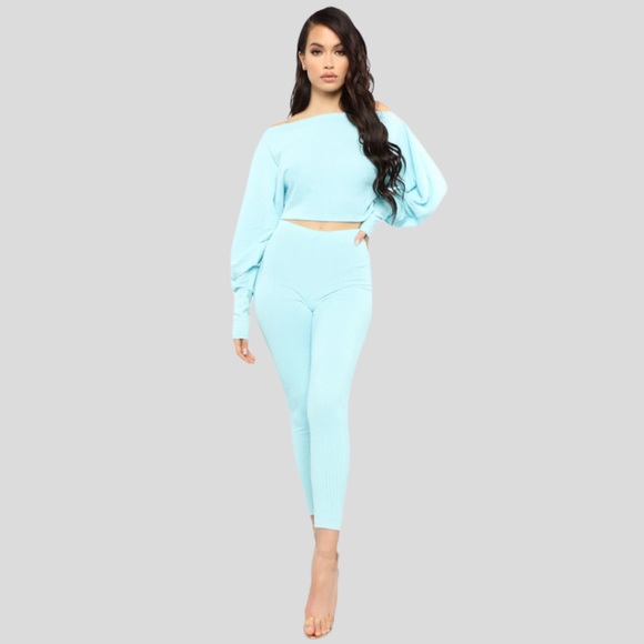 Fashion Nova Aqua Blue Ribbed Long Sleeve & Pants Set - Picture 11 of 14